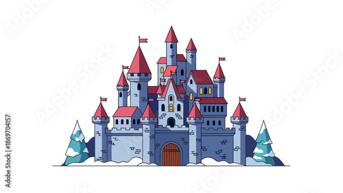 Cartoon Castle with Towers and Flags