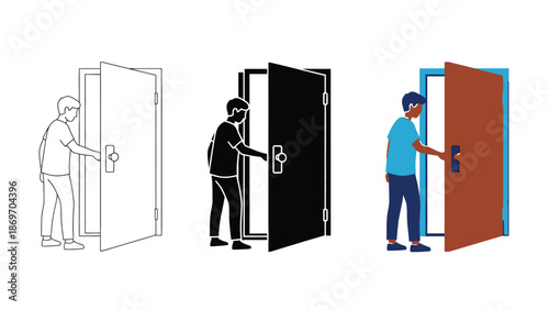 Man opening a door, set of three styles outline, silhouette, and color illustration of person entering or leaving a room through a doorway