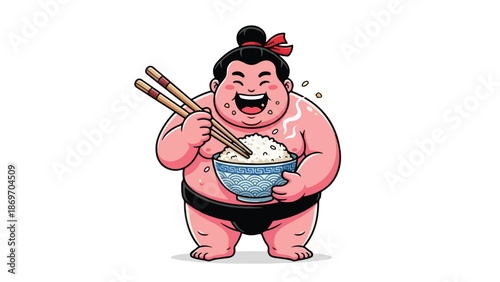 Happy Sumo Wrestler Eating Rice with Chopsticks in Cartoon Style.