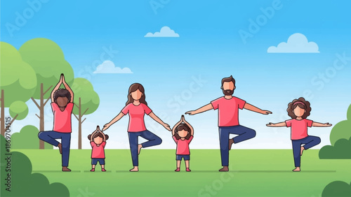 This flat design illustration depicts a joyful diverse family engaging in a peaceful yoga session together in a vibrant park, promoting health and wellness. 
