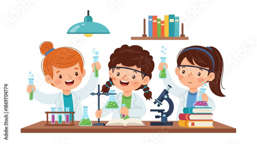 Cute Kids Science Experiment Illustration in Classroom Laboratory Cartoon Style