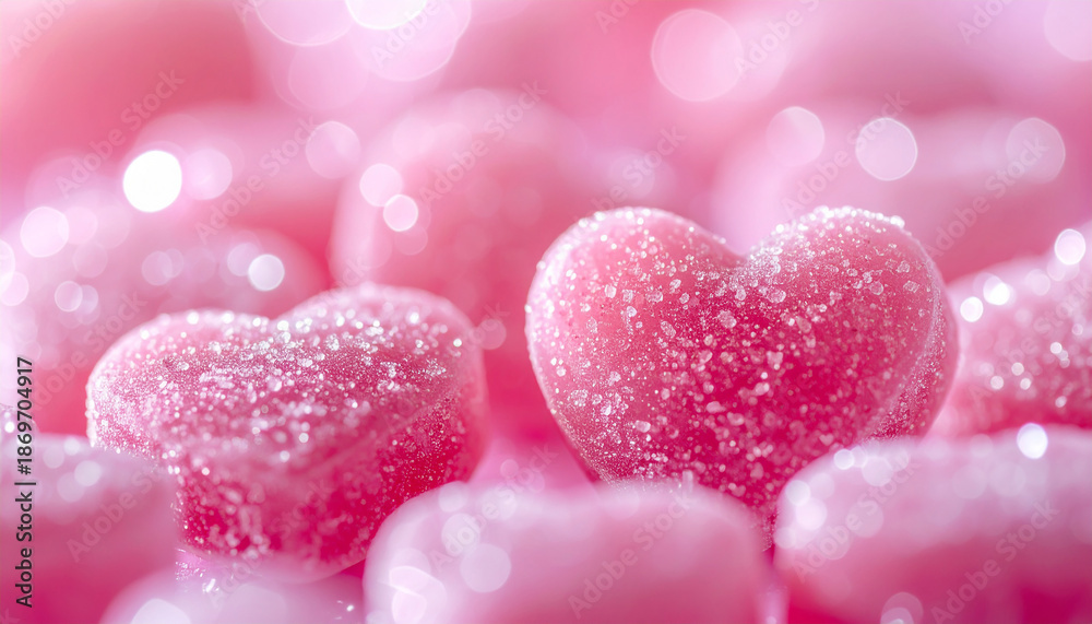 Obraz premium Heart-shaped pink candy with glittering sugar, romantic and dreamy atmosphere, Valentine celebration