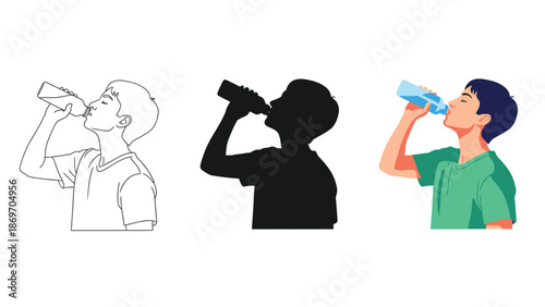 Boy drinking water from a bottle, shown in three styles outline, silhouette, and full color illustration, representing hydration and refreshment needs