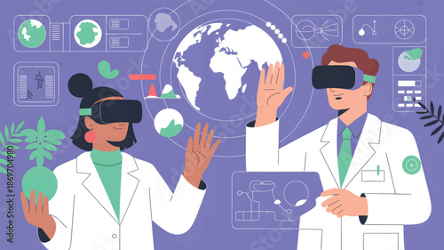 Scientists wearing VR headsets are interacting with a virtual globe and technology in virtual reality