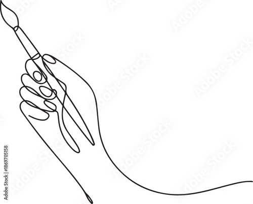 continuous single line drawing of hand holding paintbrush.one line  vector illustration  with out background