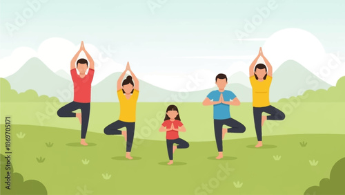 A harmonious flat design illustration showcasing a diverse group of friends and family members engaging in a calming outdoor yoga session, symbolizing community, mindfulness, and shared well-being. 