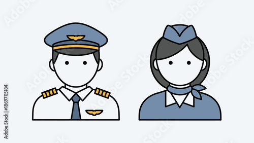 Pilot and flight attendant icons representing aviation professionals and airline crew members for travel and industry concepts