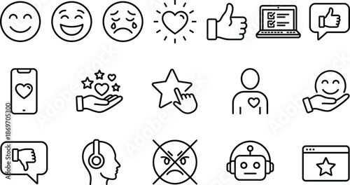 Customer Feedback and User Experience Line Icons Set for Rating Reviews Testimonials Satisfaction Emotion Support Social Media and Digital Communication