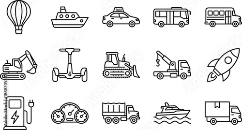 Transportation and Logistics Line Icons Set for Vehicle Delivery Shipping Construction Machinery Travel Public Transport Heavy Equipment and Industrial Moving Services