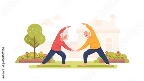 This serene flat design illustration shows a cheerful senior couple engaging in gentle yoga and stretching in their garden, promoting active aging, wellness, and healthy relationships in later life. 
