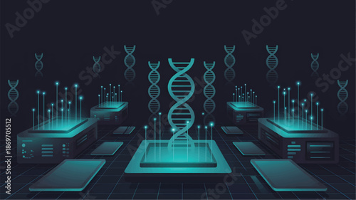 DNA double helix structure on computer servers with glowing blue lines, biotechnology
