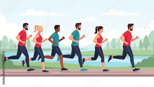 An energetic flat design illustration showcasing a diverse group of adults jogging together along a picturesque river path, symbolizing community fitness, outdoor activity, and a healthy lifestyle. 