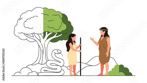 Adam and Eve with serpent in Garden of Eden illustration