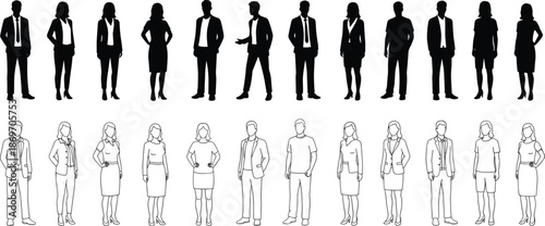 Business silhouette and outline set, formal attire comparison, professional pose icons, character modeling reference, vector fashion illustration