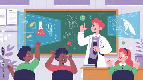 Science teacher and students in classroom with educational