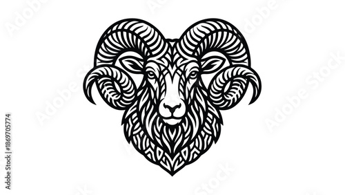 Intricate Black and White Illustration of a Rams Head.
