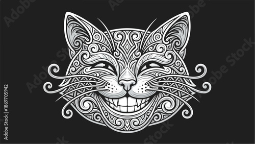 Intricate Cheshire Cat Face Illustration with Detailed Patterns.