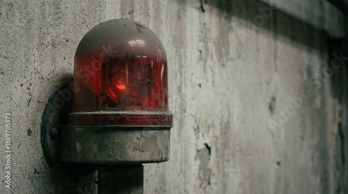 Red emergency light mounted on weathered concrete wall. Industrial safety beacon glowing brightly. Warning signal for hazard zones and danger alerts.