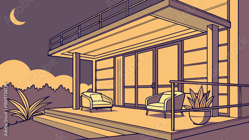 Luxury house interior design illustration with wooden furniture, light, and window overlooking a park or garden