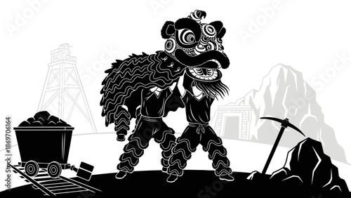 Lion Dance Performance in Mining Town, Traditional Art Illustration