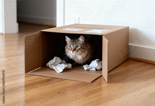 Fluffy cat exploring cardboard box on wooden floor.