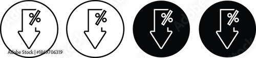Percent down icons. Percentage decrease symbols. Sale reduction graphic design. Financial loss and discount signs
