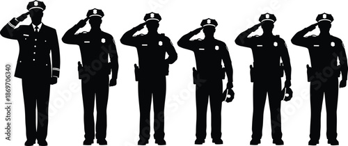 Police officers silhouette saluting, law enforcement uniform figures, security service concept, military style tribute illustration isolated white background