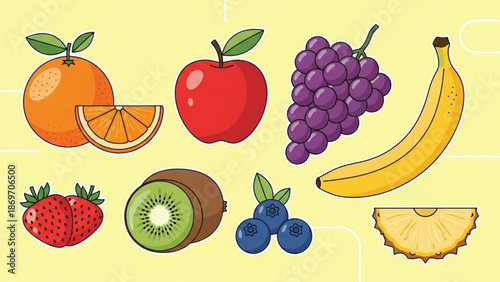 Vibrant fruit assortment with apples, bananas, and berries on yellow