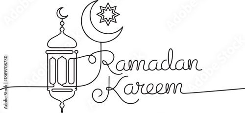 Ramadan kareem in one continuous line drawing. Islamic decoration with lanter, star and moon in simple linear style.one line  vector illustration  with out background