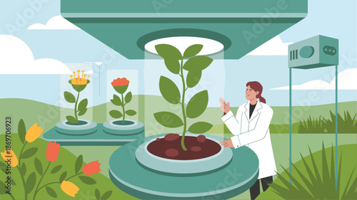 Scientist examining plant in growth chamber with flowers and greenery lab coat