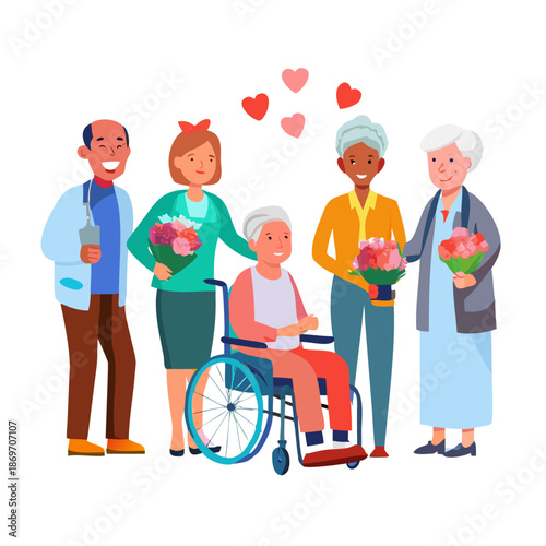 Diverse group of people, including individuals with disabilities, running together in a marathon, promoting inclusion and an active lifestyle.
