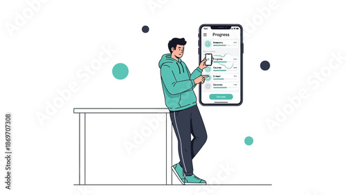 Young man checking progress chart on smartphone app, modern flat illustration
