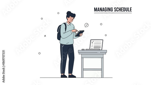 Young man managing schedule on tablet, planning tasks with laptop and checklist