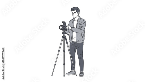 Young Man Operating Camera on Tripod, Creative Photography Concept, Simple Illustration