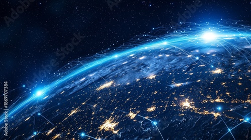 A global digital network encompassing planet Earth, with bright blue streams of light symbolizing connections and information exchange	
