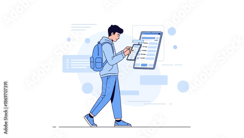 Young man with backpack using smartphone and tablet, modern abstract background