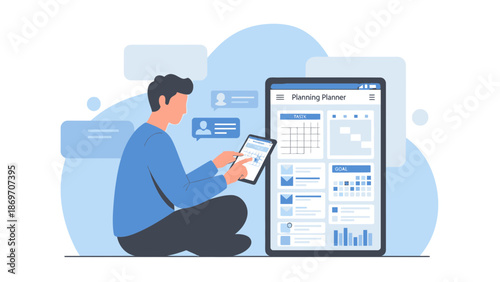 Young man using digital tablet for planning and organization, modern app interface