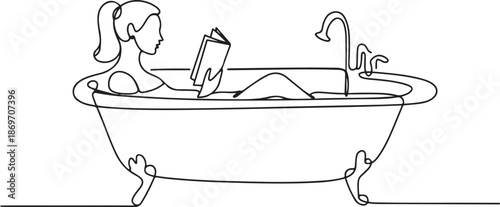 Continuous one line design of a woman is soaking in the bathtub while reading a book.one line  vector illustration  with out background