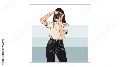Young Woman Photographer Taking Picture with Vintage Camera, Minimalist Illustration