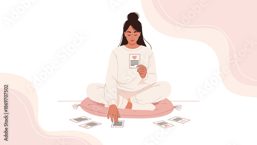 Young Woman Meditating with Oracle Cards, Self-Care and Intuition Concept