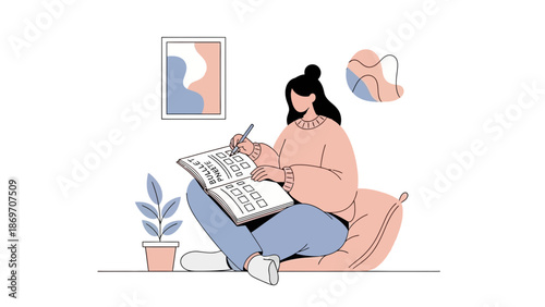 Young Woman Planning and Writing in a Notebook, Modern Illustration