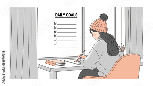 Young woman planning daily goals at desk, writing in notebook, cozy lifestyle illustration