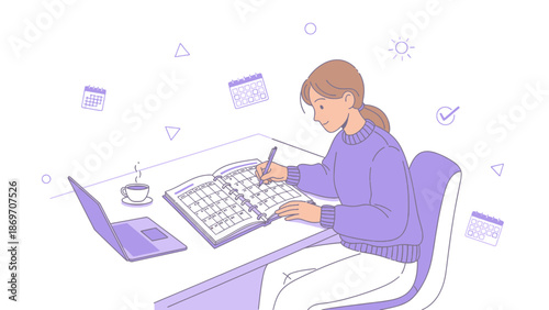 Young woman planning her schedule with a calendar and laptop, working at a desk.
