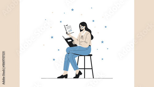 Young Woman Reading Book and Studying Charts, Education Concept