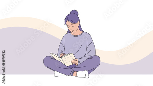 Young woman reading book, sitting cross-legged, calm, peaceful, minimalist illustration
