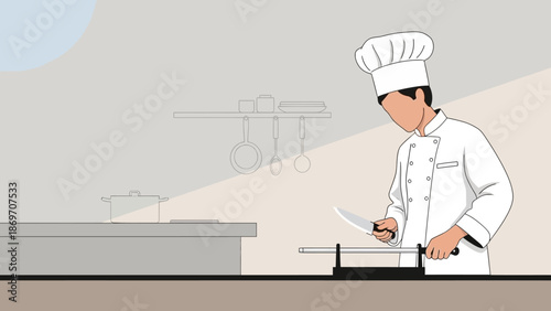 Illustration of a chef in uniform sharpening a knife in a kitchen setting