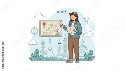 Young woman traveler planning trip using map, pointing at screen with landmarks and airplanes