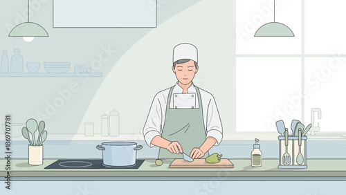 Chef preparing fresh ingredients for a culinary dish in a modern kitchen