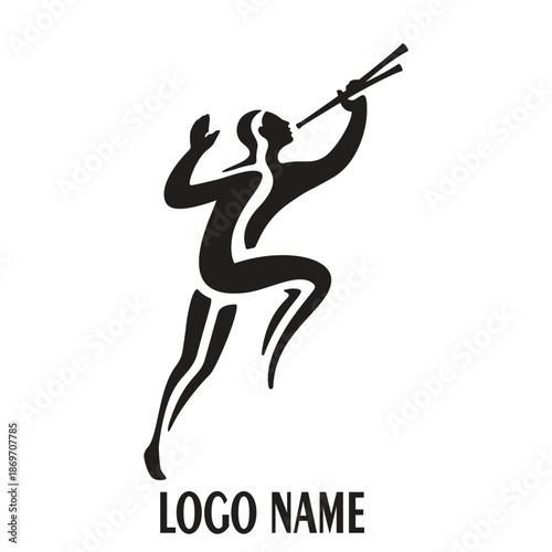 A stylized black silhouette logo depicting a human figure blowing a double wind instrument.