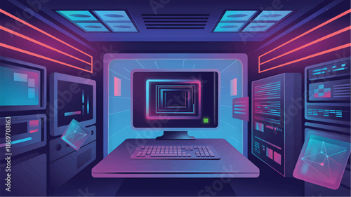 Futuristic computer workstation with neon lights and multiple screens